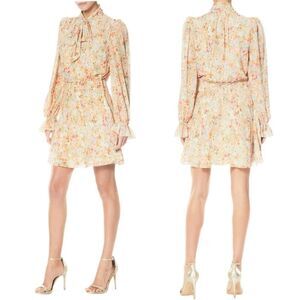 NWT ML Monique Lhuillier light tan w/Floral long sleeves tie-neck chiffon minidr